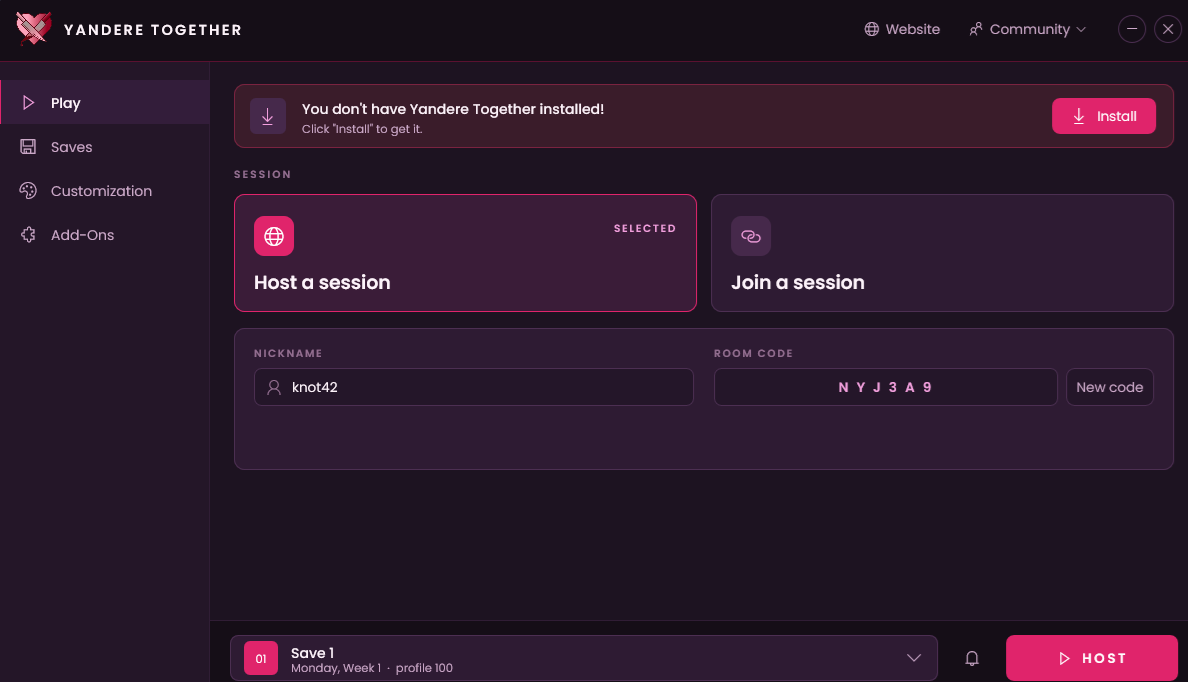 The Yandere Together launcher on its Play screen. A banner across the top reads "You don't have Yandere Together installed!" with an Install button beside it, above the Host a session and Join a session cards.